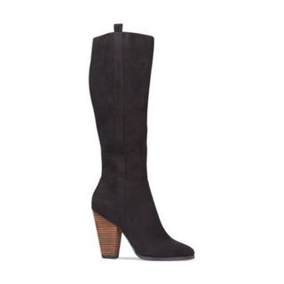 black suede boots with wooden heel