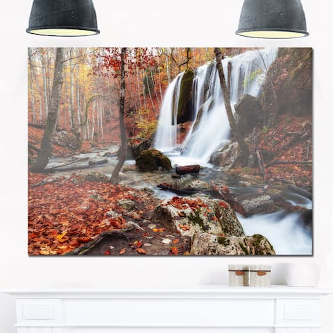 Waterfall in the Fall - Landscape Photo Glossy Metal Wall Art