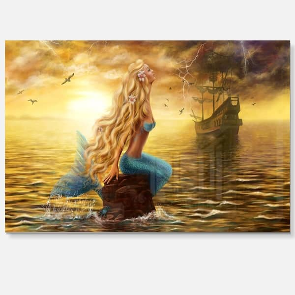 Sea Mermaid With Ghost Ship Seascape Digital Art Glossy Metal Wall Art Overstock 12782535