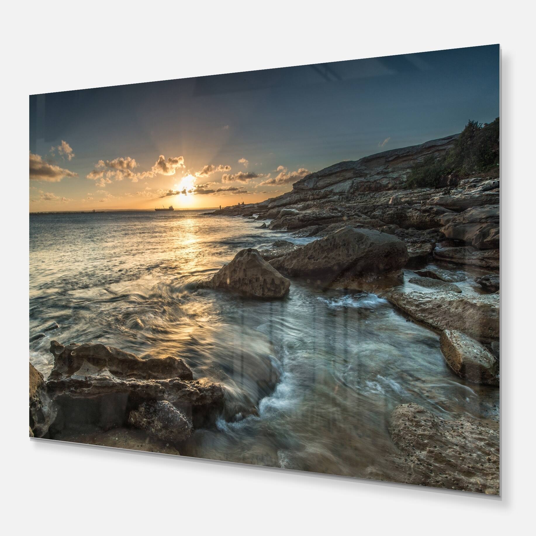 Sydney Beach with Bright Sunset Seashore Glossy Metal Wall Art Bed