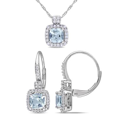 Miadora Cushion-Cut Aquamarine and 1/3ct TDW Diamond Necklace and Leverback Earrings 2-Piece Set in 10k White Gold (G-H,I1-I2)