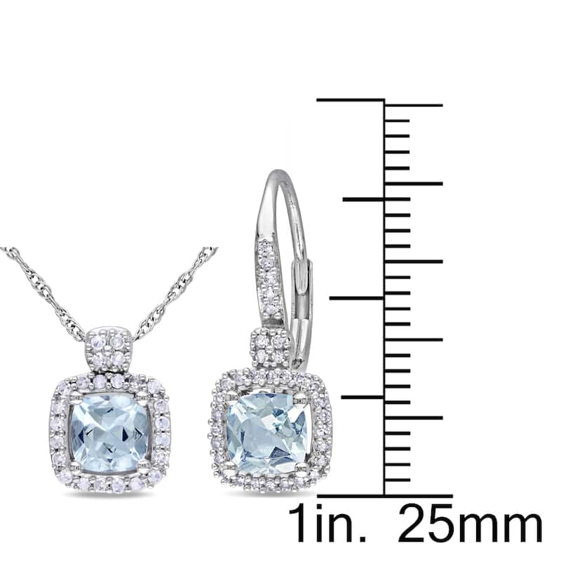 Miadora Cushion-Cut Aquamarine and 1/3ct TDW Diamond Necklace and Leverback Earrings 2-Piece Set in 10k White Gold (G-H,I1-I2)