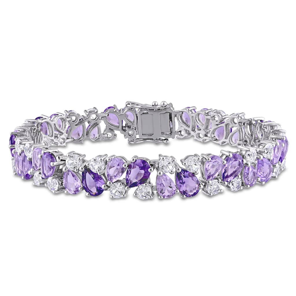 Miadora Pear-cut Rose de France Amethyst and Created White Sapphire Cluster Vintage Bracelet in Sterling Silver