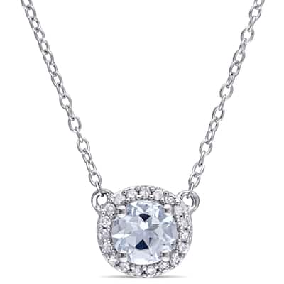 Miadora Ladies Aquamarine and 1/10ct TDW Diamond Halo Necklace in Sterling Silver - Blue