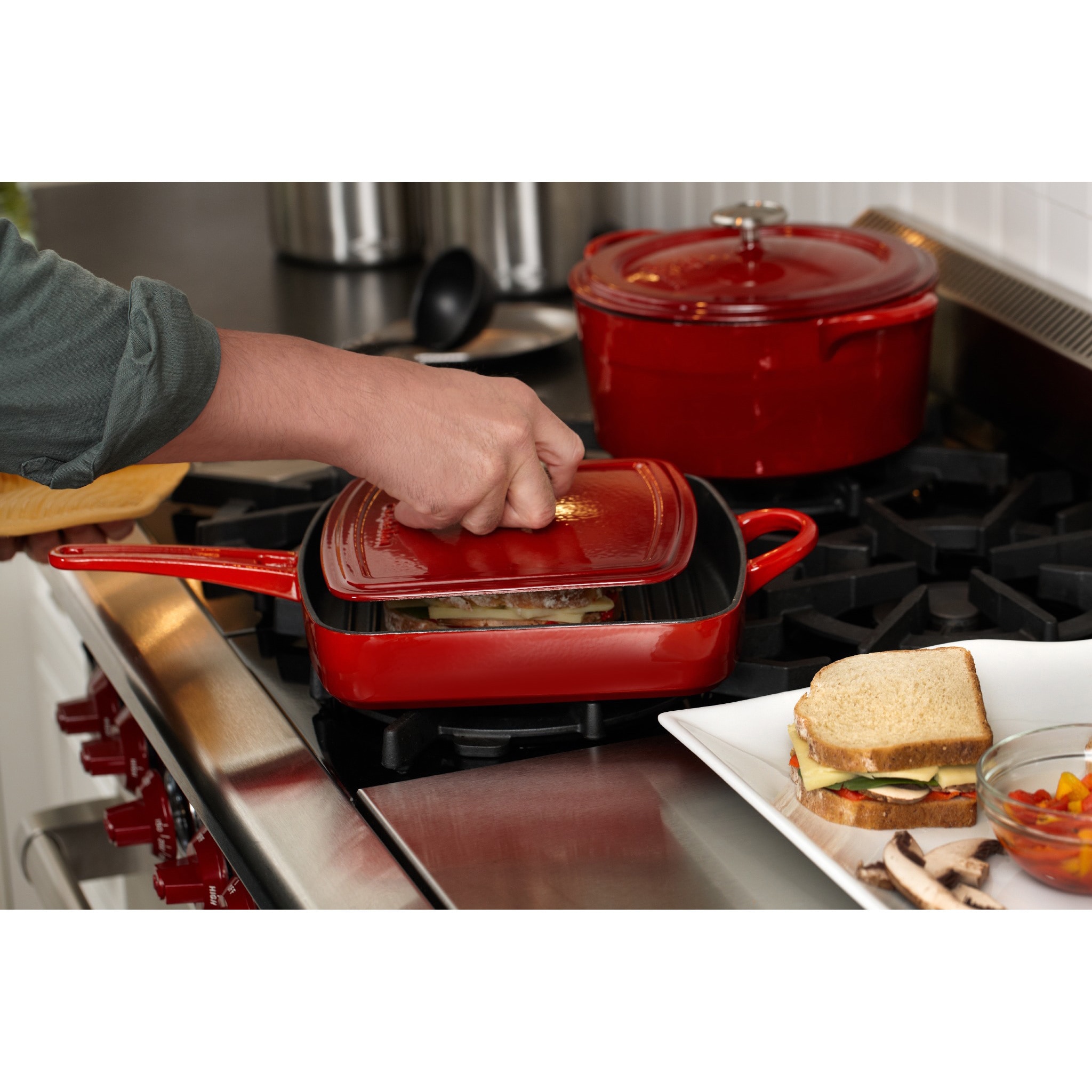 Simply Calphalon Enamel Cast Iron Red 11-inch Grill Pan and Press