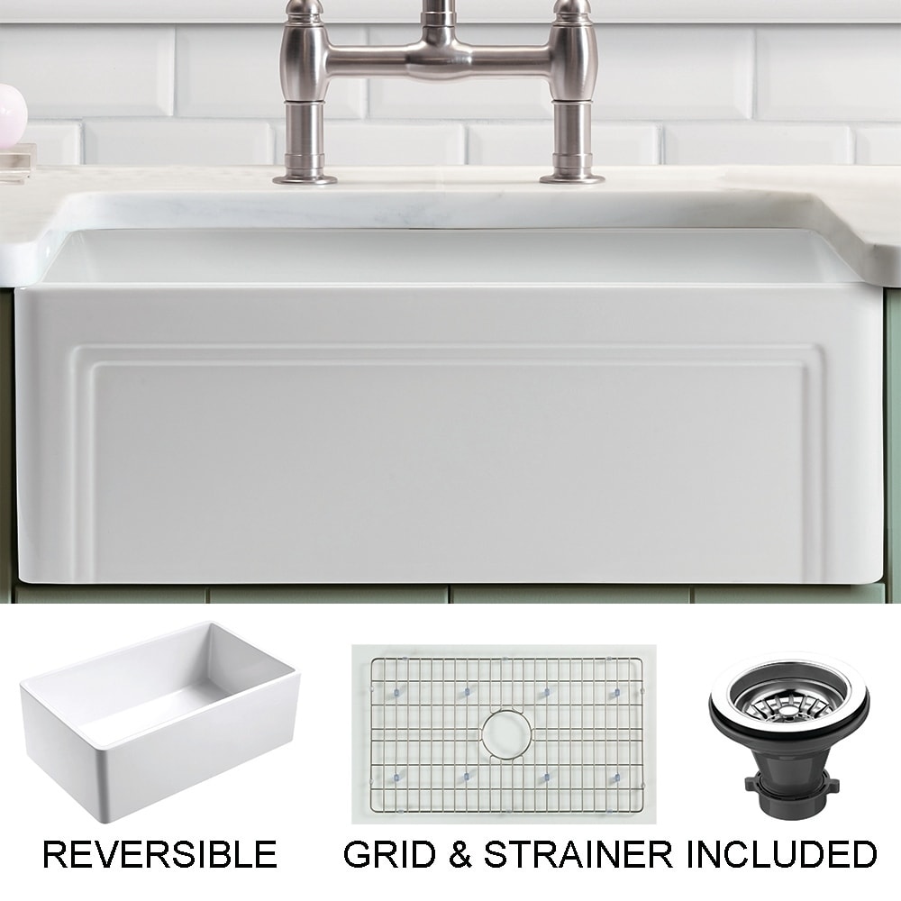 Olde London Farmhouse Fireclay 33 in. 55/45 Double Bowl Kitchen Sink with Grid with Grid and Strainer