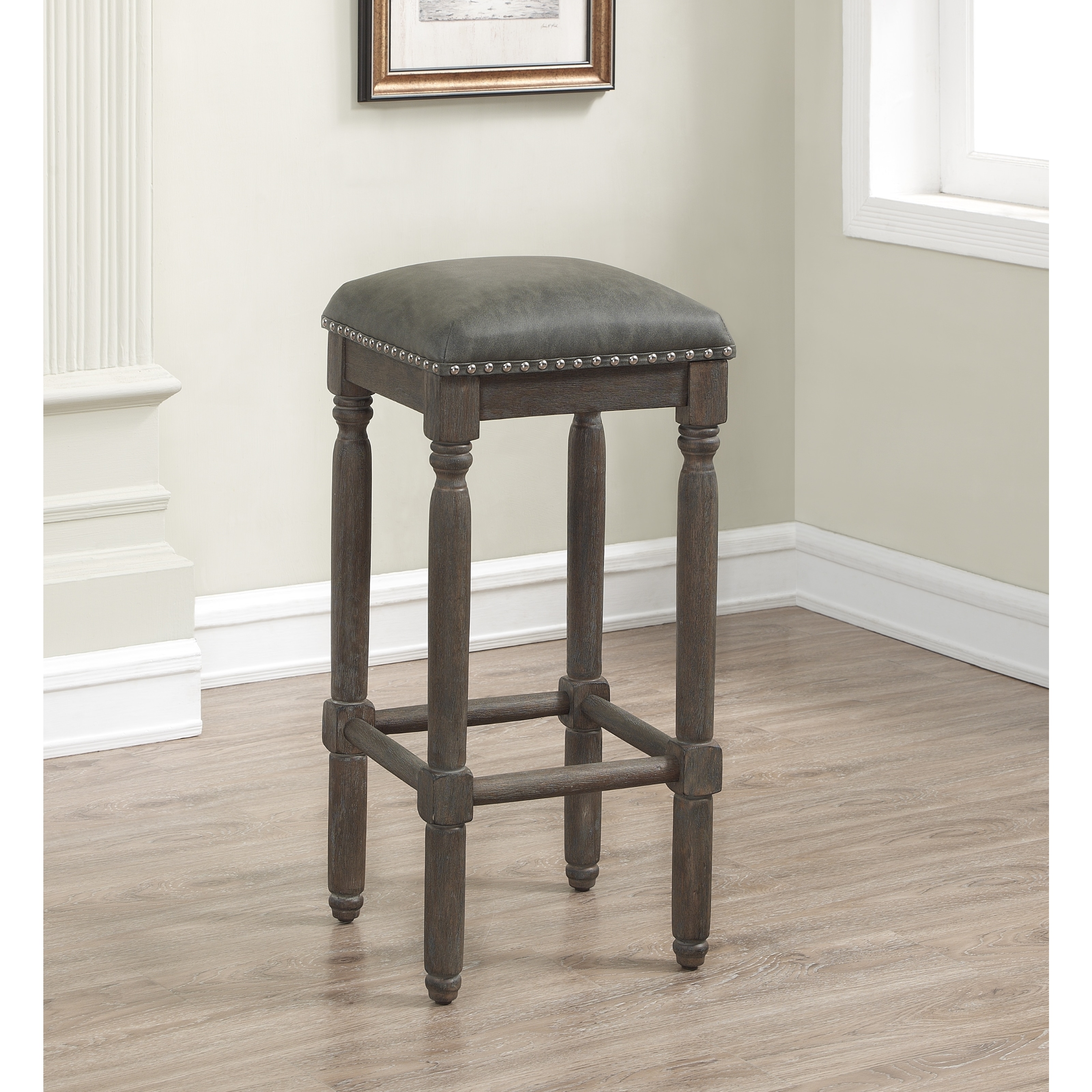 Copper Grove Sherwood 30 Inch Grey Leather And Wood Backless Bar Stool Copper Grove Sherwood 30 Inch Grey Leather And Wood Backless Bar Stool