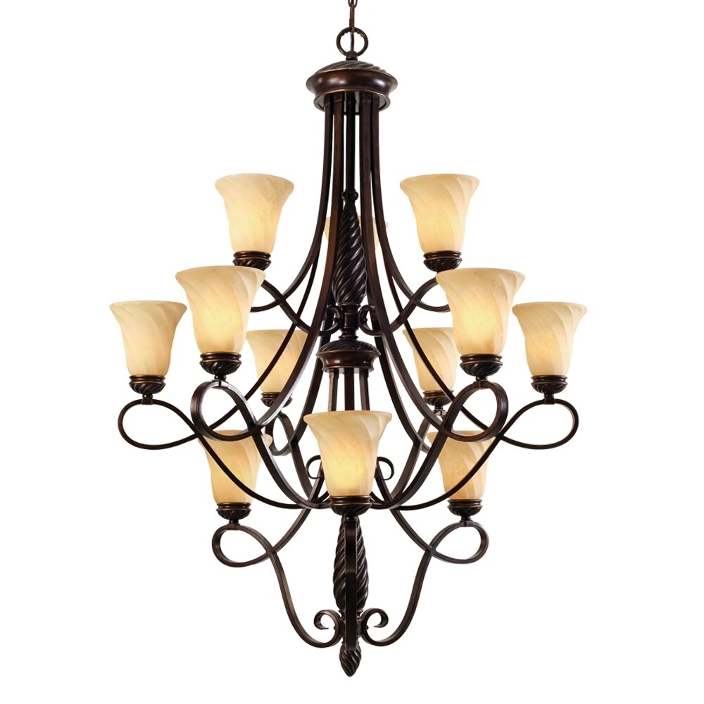 Golden Lighting Torbellino Bronze 3-Tier 12-Light Chandelier with Glass Shades - 38" W x 52" H (Cordoban Bronze) - Chandeliers For Bedrooms by Overstock.com