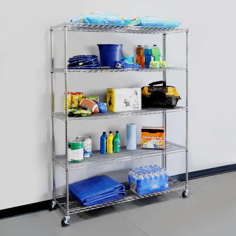 Seville Classics 60 in W x 18 in D x 75 in H UltraDurable Commercial-Grade 5-Tier Steel Wire Shelving with Wheels