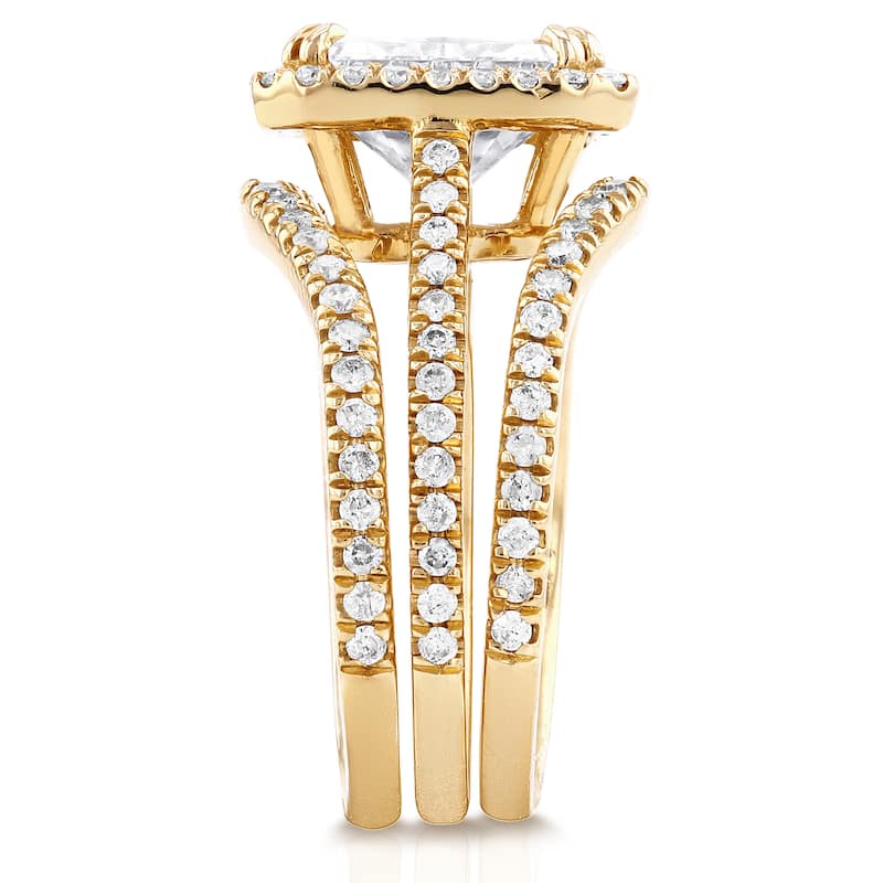 Annello by Kobelli 14k Yellow Gold 2 2/5ct TGW Radiant Cut Moissanite and Diamond Halo 3-Piece Bridal Rings Set