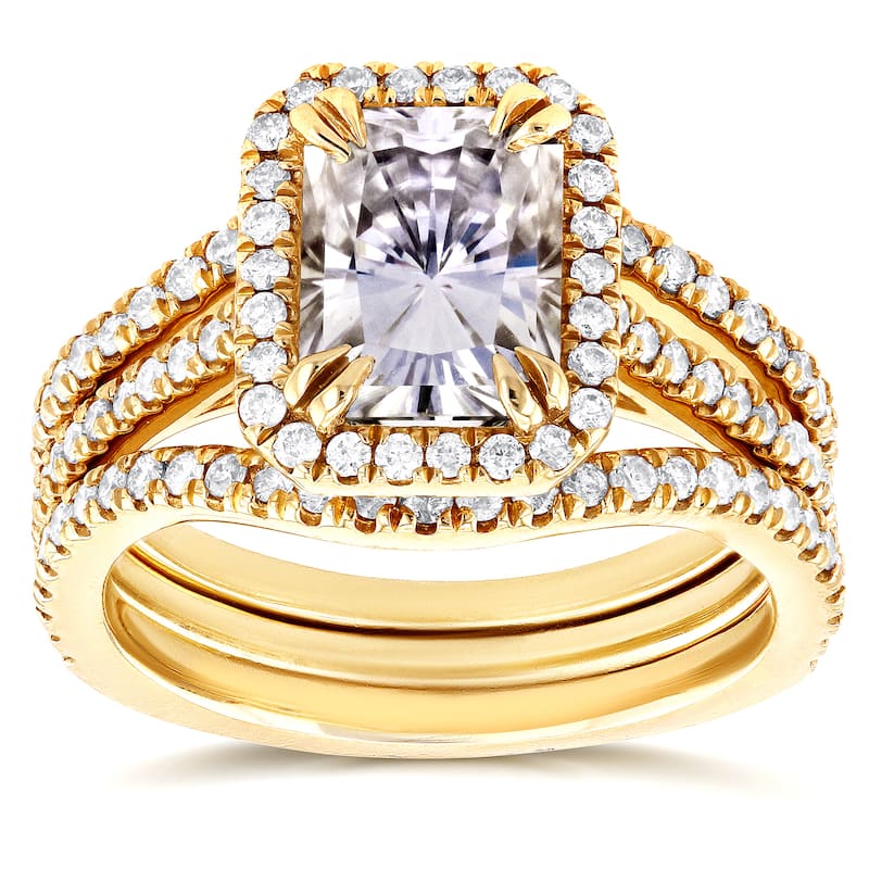 Annello by Kobelli 14k Yellow Gold 2 2/5ct TGW Radiant Cut Moissanite and Diamond Halo 3-Piece Bridal Rings Set - 4
