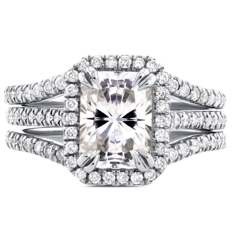 Annello by Kobelli 14k White Gold Radiant Cut Moissanite and 3/5ct TDW Halo Diamond 3-Piece Bridal Rings Set - 4