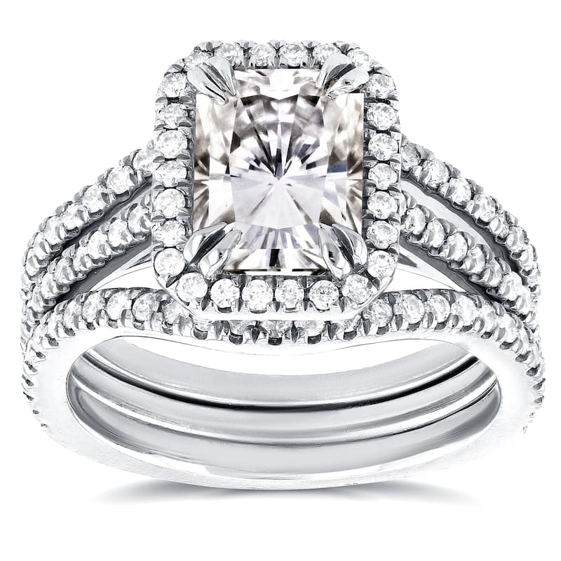 Annello by Kobelli 14k White Gold Radiant Cut Moissanite and 3/5ct TDW Halo Diamond 3-Piece Bridal Rings Set
