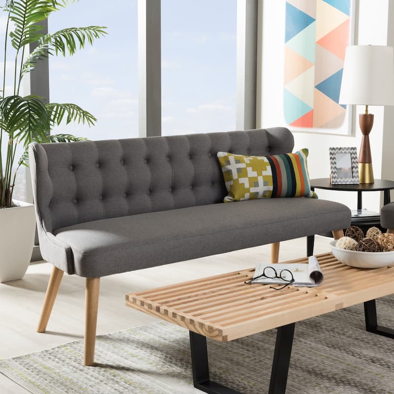 Baxton Studio Parthenia Mid-Century Modern Grey Fabric and Natural Wood Finishing 3-Seater Settee Bench