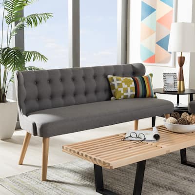 Baxton Studio Parthenia Mid-Century Modern Grey Fabric and Natural Wood Finishing 3-Seater Settee Bench
