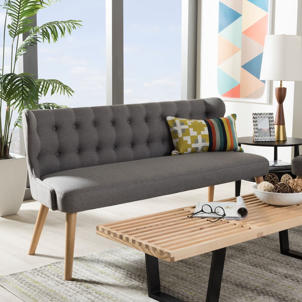 Baxton Studio Parthenia Mid-Century Modern Grey Fabric and Natural Wood Finishing 3-Seater Settee Bench