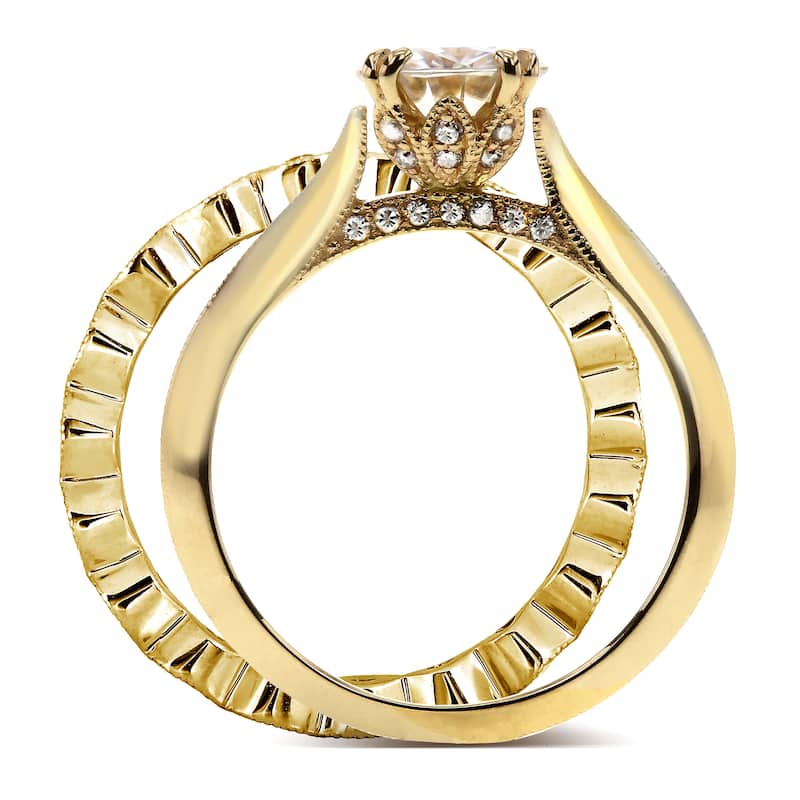 Annello by Kobelli 14k Yellow Gold 1 2/5ct TGW Forever One Moissanite (DEF) and Diamond (GH) Blooming Flower 2-Piece Bridal Set