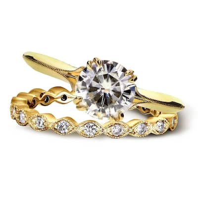 Annello by Kobelli 14k Yellow Gold 1 2/5ct TGW Forever One Moissanite (DEF) and Diamond (GH) Blooming Flower 2-Piece Bridal Set
