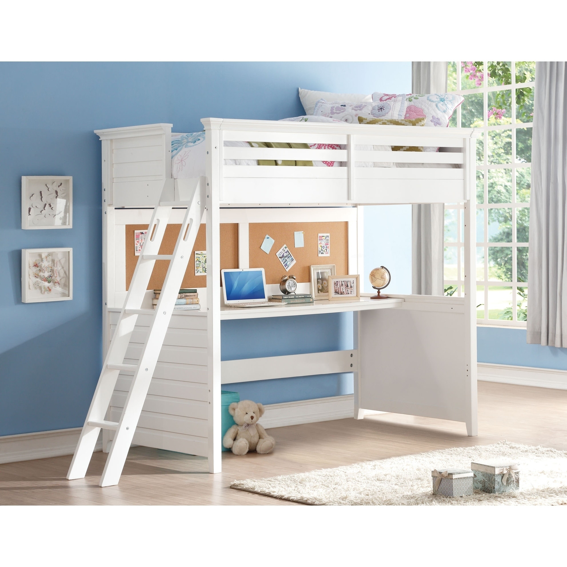 Shop White Lacey Twin Loft Bed With Desk And Cork Board