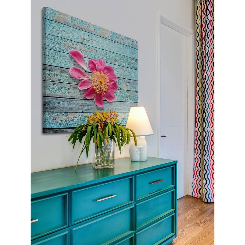 Marmont Hill - 'Peony On Aqua' by Sylvia Cook Painting Print on Wrapped Canvas - Multi-Color