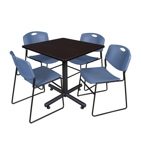 Regency Seating Kobe Black Laminate and Steel 36-inch Square Breakroom Table With 4 Zeng Blue Metal Stack Chairs