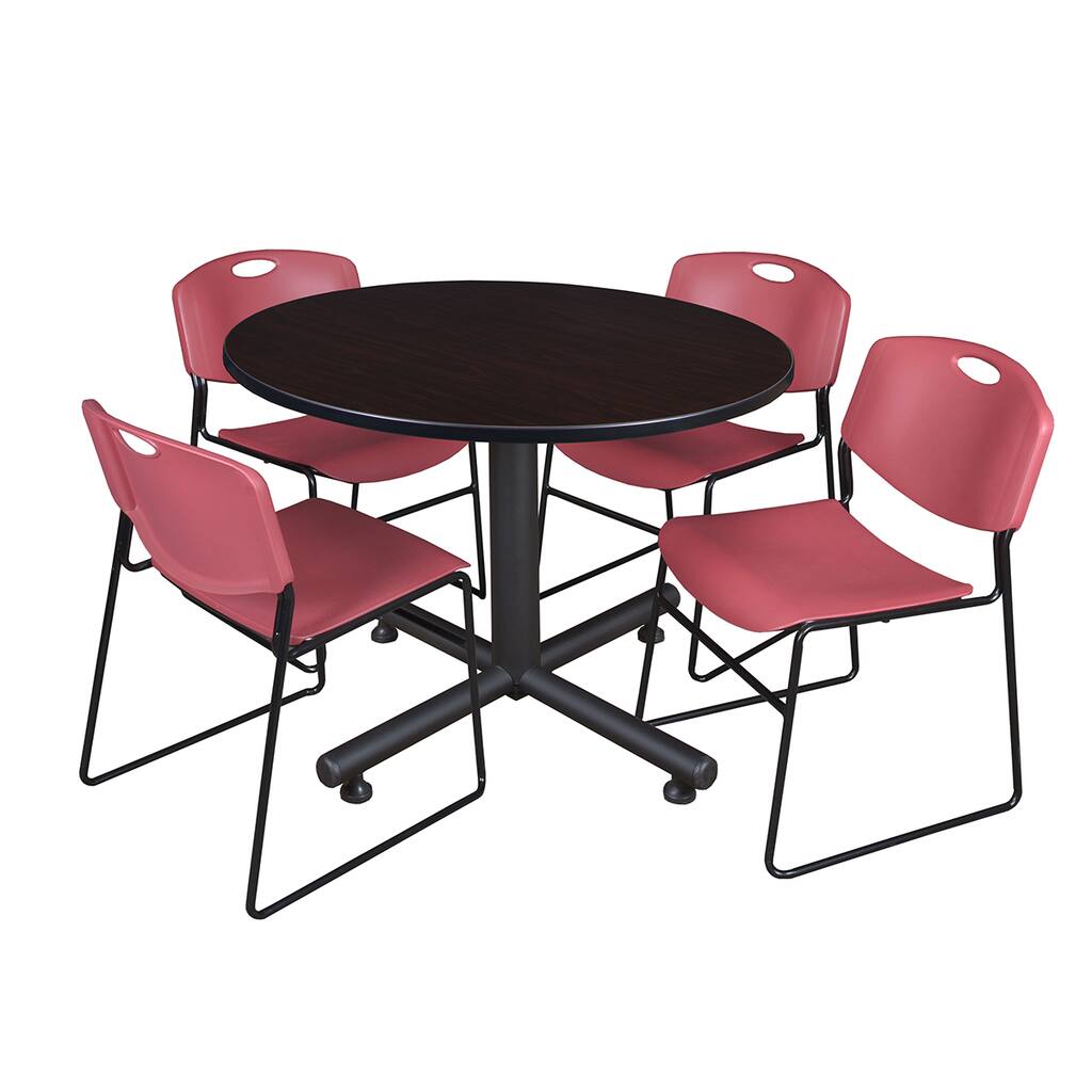 Kobe Laminate 48-inch Round Breakroom Table with 4 Zeng Burgundy Stackable Chairs