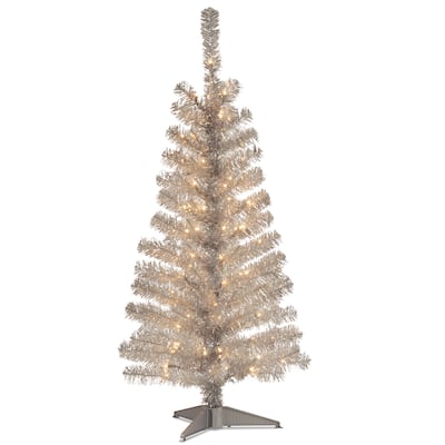 National Tree Company 4 ft. Silver Tinsel Tree with Clear Lights - 4 Foot