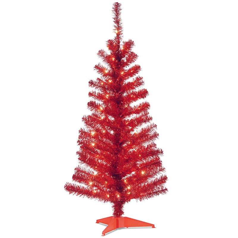 National Tree Company 4 ft. Red Tinsel Tree with Clear Lights - 4 Foot