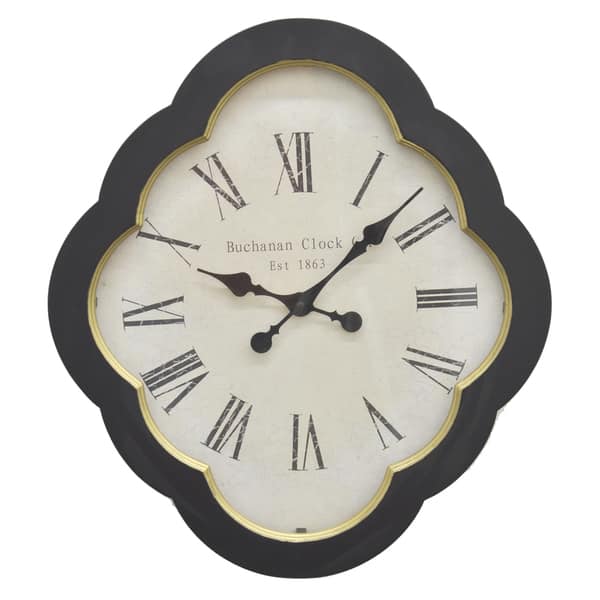 Three Hands Black and Gold Wood Wall Clock with Scalloped Frame