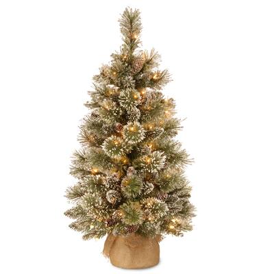 Glittery Bristle Pine 3-foot Artificial Tree with 35 Battery-operated Warm White LED Lights - 3 Foot