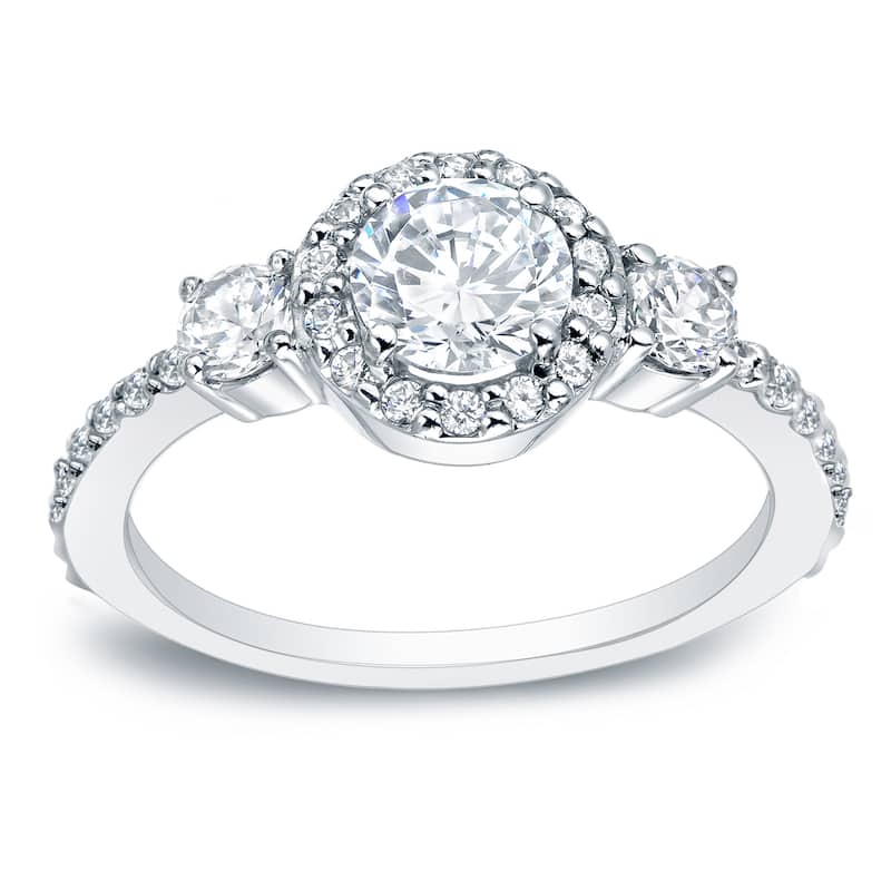 Auriya Platinum 3/4ctw Round 3-Stone Halo Diamond Engagement Ring (H-I, SI1-SI2)