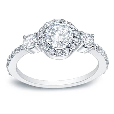 Auriya Platinum 3/4ctw Round 3-Stone Halo Diamond Engagement Ring (H-I, SI1-SI2)