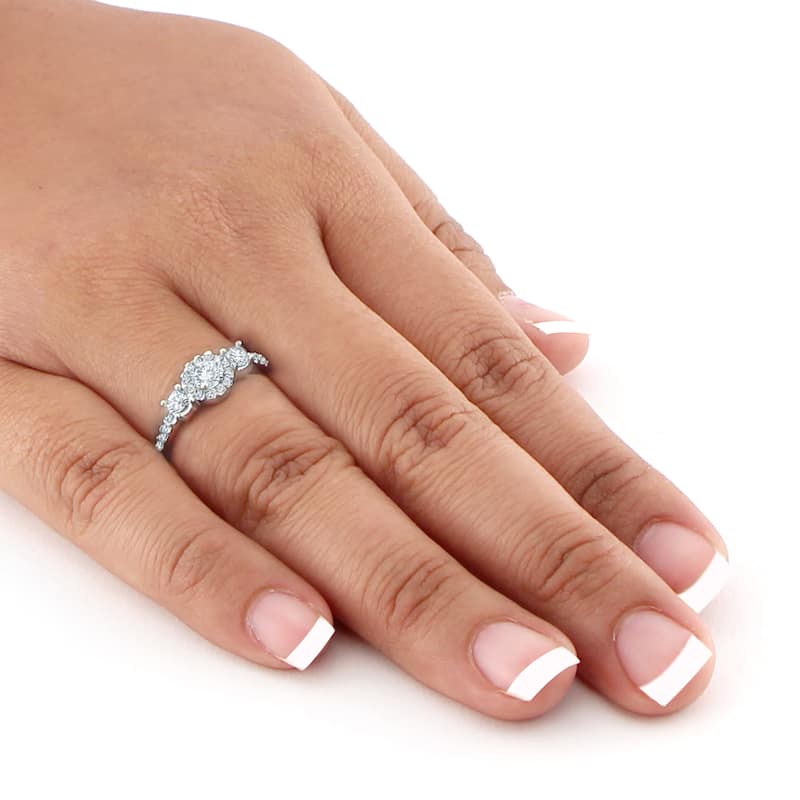 Auriya Platinum 3/4ctw Round 3-Stone Halo Diamond Engagement Ring (H-I, SI1-SI2)