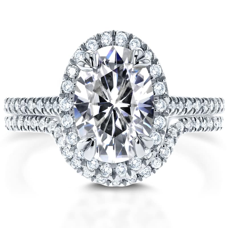 Annello by Kobelli 14k White Gold 2ct TGW Oval Moissanite and Diamond Halo 2 Piece Bridal Set