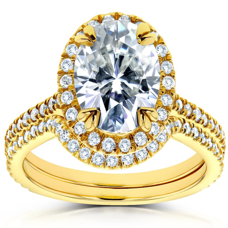 Annello by Kobelli 14k Yellow Gold 2ct TGW Oval Moissanite and Diamond Halo 2 Piece Bridal Set
