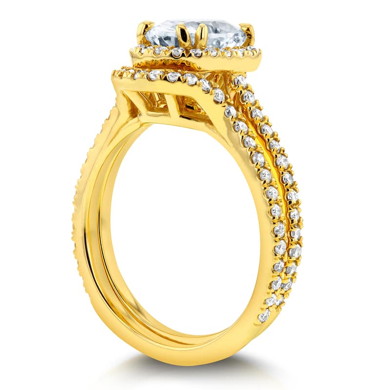 Annello by Kobelli 14k Yellow Gold 2ct TGW Oval Moissanite and Diamond Halo 2 Piece Bridal Set