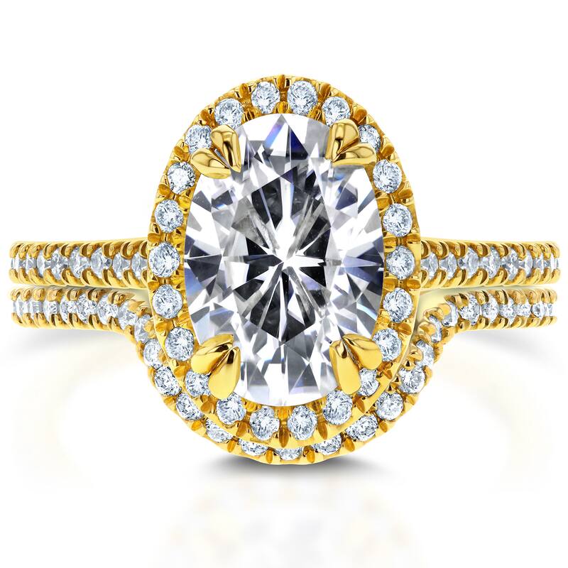 Annello by Kobelli 14k Yellow Gold 2ct TGW Oval Moissanite and Diamond Halo 2 Piece Bridal Set