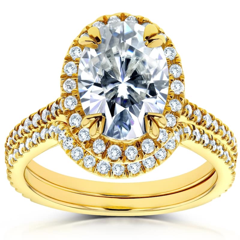 Annello by Kobelli 14k Yellow Gold 2ct TGW Oval Moissanite and Diamond Halo 2 Piece Bridal Set