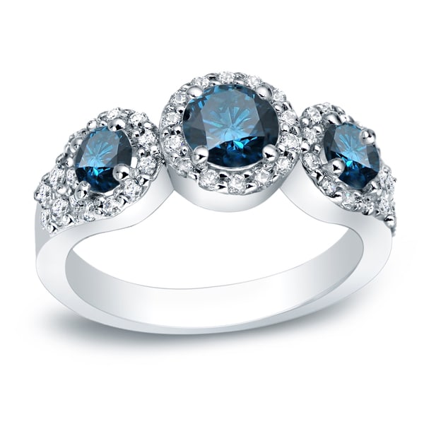 Auriya Platinum 1 1/5ctw 3-stone Halo Blue Diamond Engagement Ring. Opens flyout.