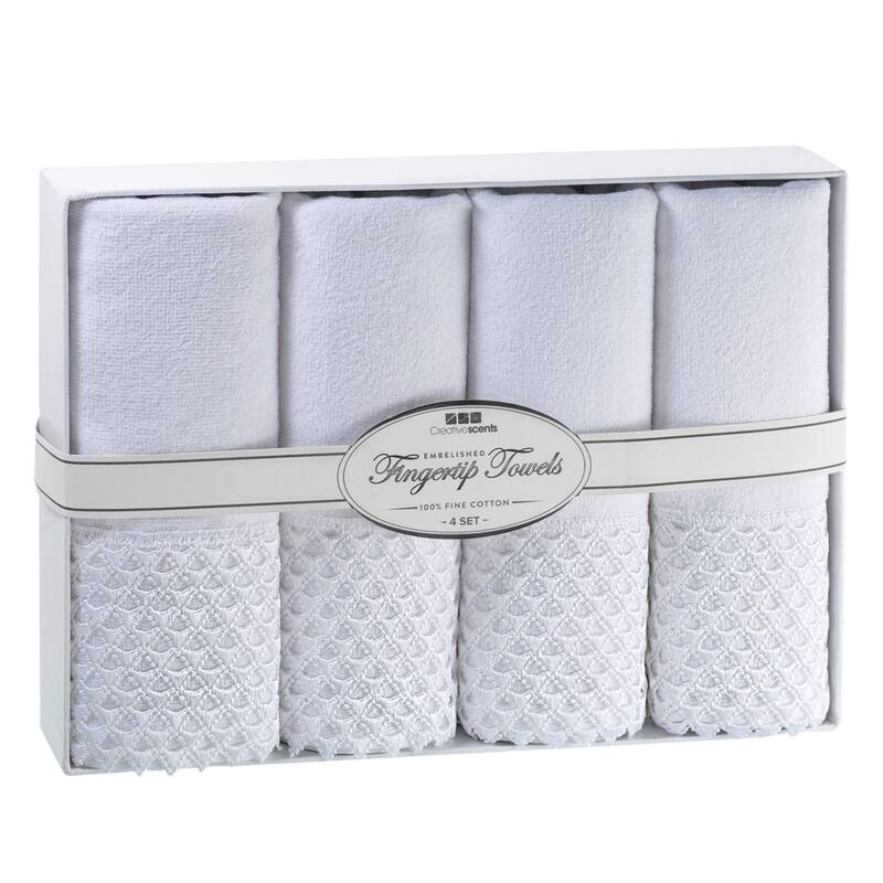 Creative Scents White Embellished Decorative Fingertip Towels - Set of 4