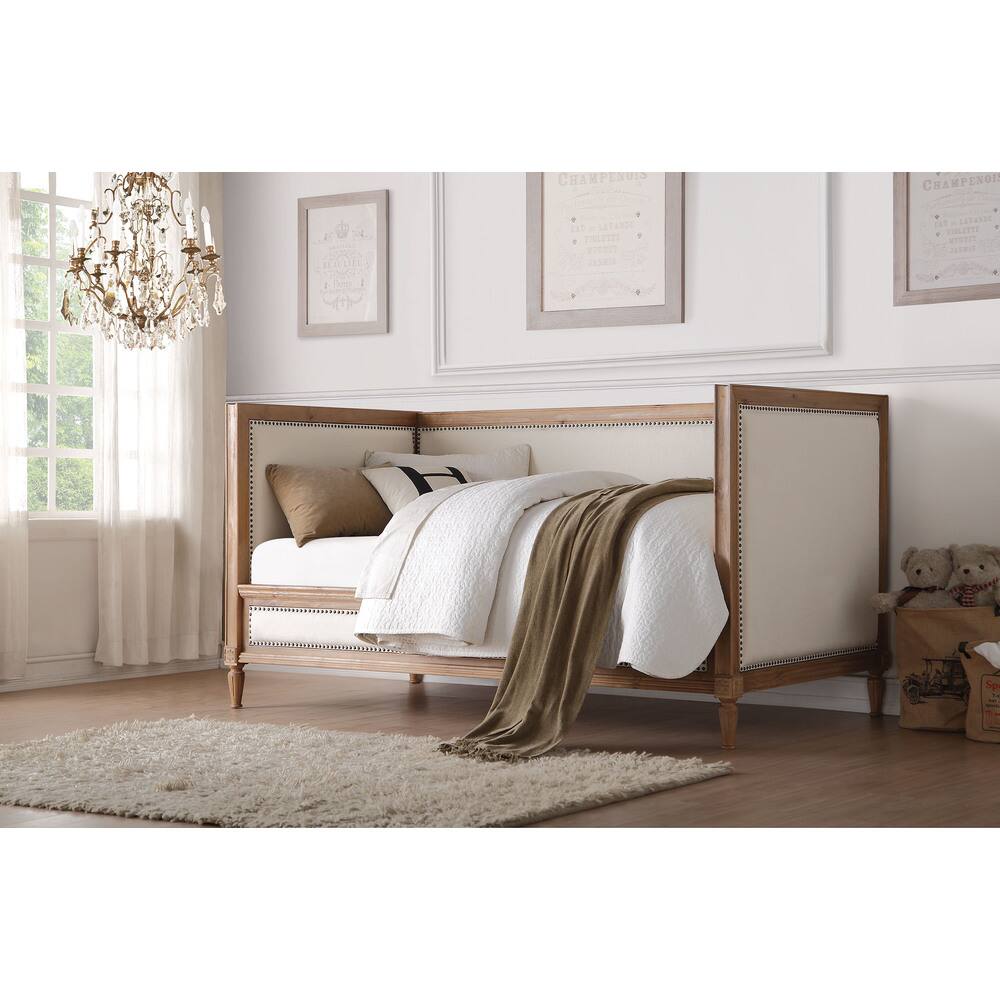 Charlton Rustic Cream Linen and Oak Daybed w/ Nailhead Trim