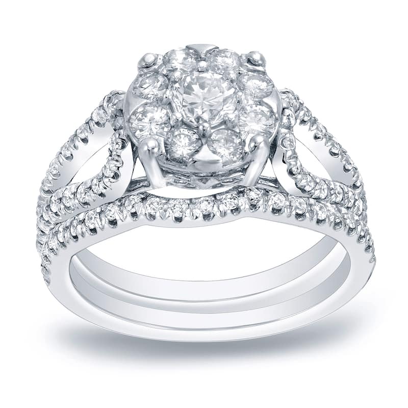 Auriya Modern 1 carat TW Round Halo Diamond Engagement Ring Set Platinum Gold