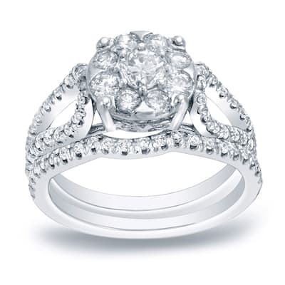 Auriya Modern 1 carat TW Round Halo Diamond Engagement Ring Set Platinum Gold