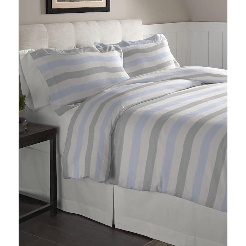 Pointehaven Savannah Stripe Cotton Flannel Oversized Duvet 3 Piece Set - 3 Piece - Full - Queen/Full/Queen