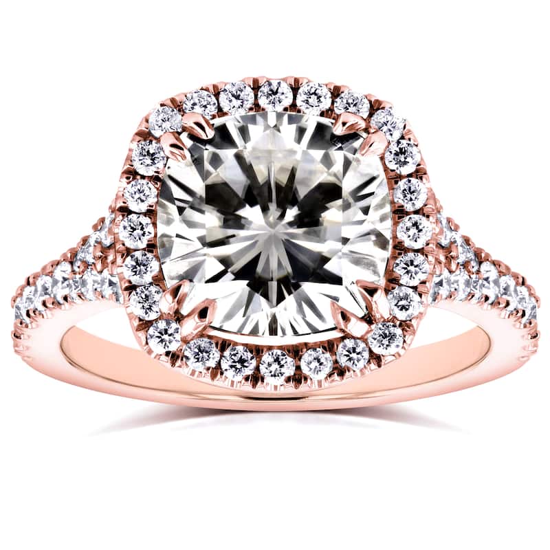 Annello by Kobelli 14k Rose Gold 3 1/3ct TGW Cushion Moissanite and Diamond Halo Cathedral Ring