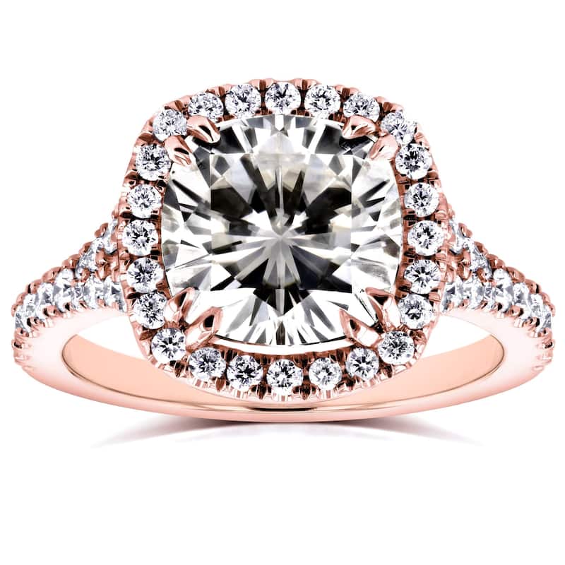 Annello by Kobelli 14k Rose Gold 3 1/3ct TGW Cushion Moissanite and Diamond Halo Cathedral Ring - 4