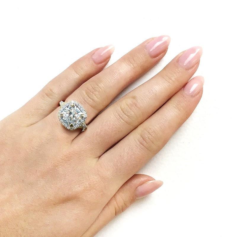 Annello by Kobelli 14k Yellow Gold 3 1/3ct TGW Cushion Moissanite and Diamond Halo Cathedral Ring