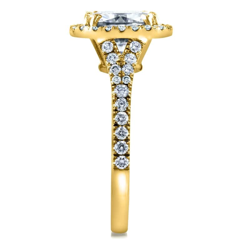 Annello by Kobelli 14k Yellow Gold 3 1/3ct TGW Cushion Moissanite and Diamond Halo Cathedral Ring