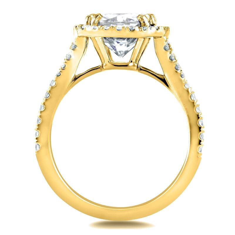 Annello by Kobelli 14k Yellow Gold 3 1/3ct TGW Cushion Moissanite and Diamond Halo Cathedral Ring