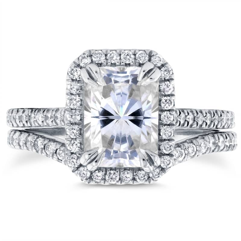 Annello by Kobelli 14k White Gold 2 1/4ct TGW Radiant Cut Moissanite and Diamond Halo 2-Piece Bridal Rings Set